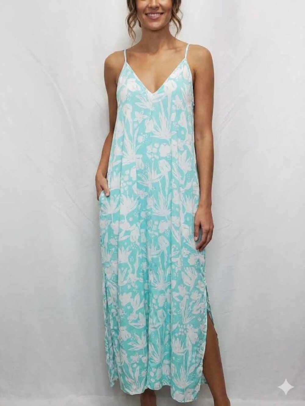 Van Winkle & Co Floral Maxi Chemise Dress Womens Small S Blue Slits Lounge I03